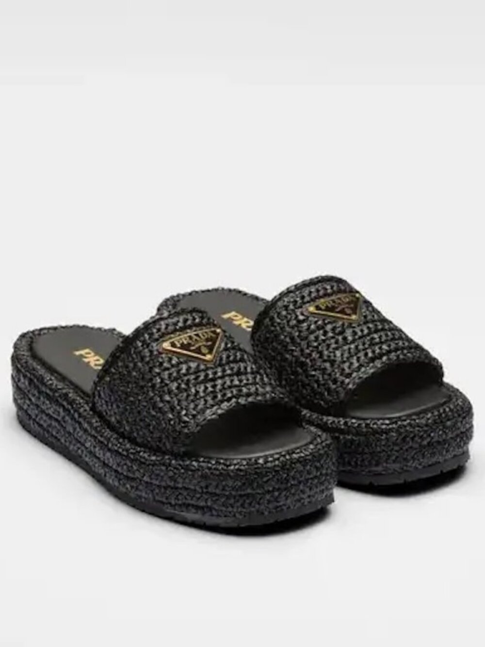 PRADA Triangle Logo Crochet Raffia Platform Espadrille Mule Slides Sandals